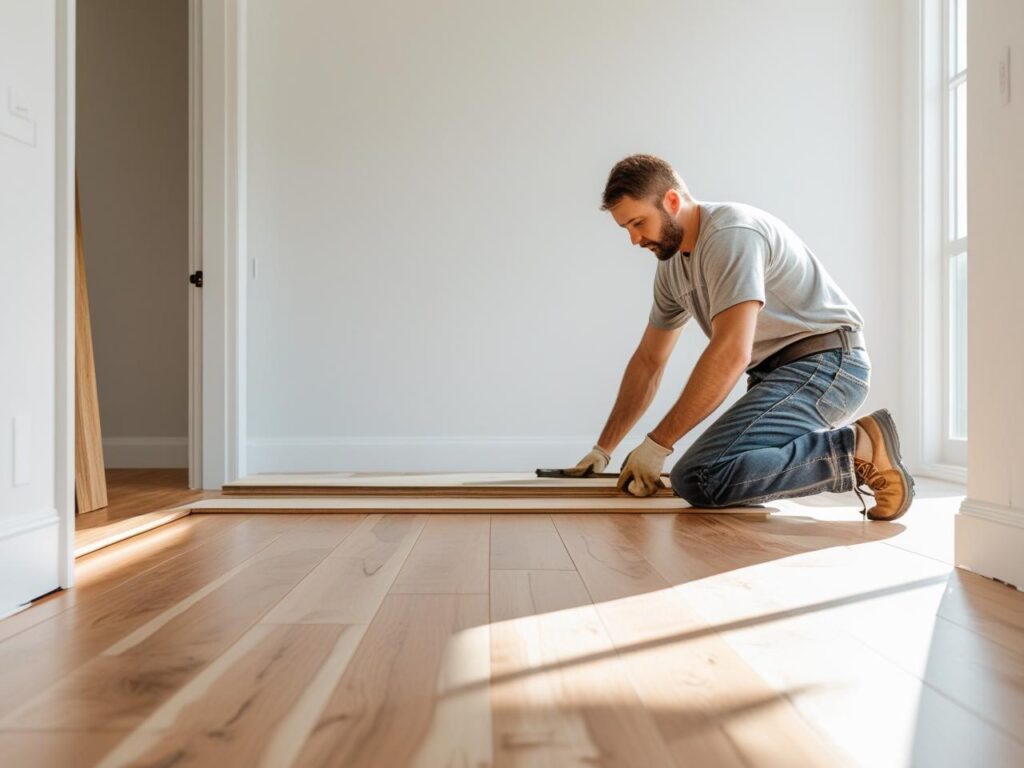a flooring installer installing hardwood floors